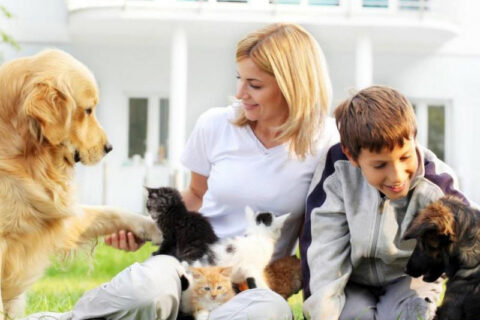 mother and kid playing with dog