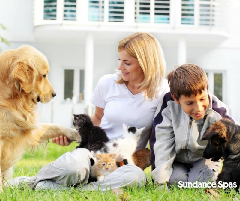 mother and kid playing with dog