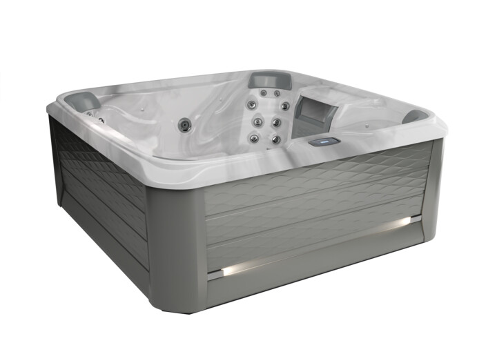 6-7 person hot tub the 680 McKinley shown in the Platinum / Slate colour combination.